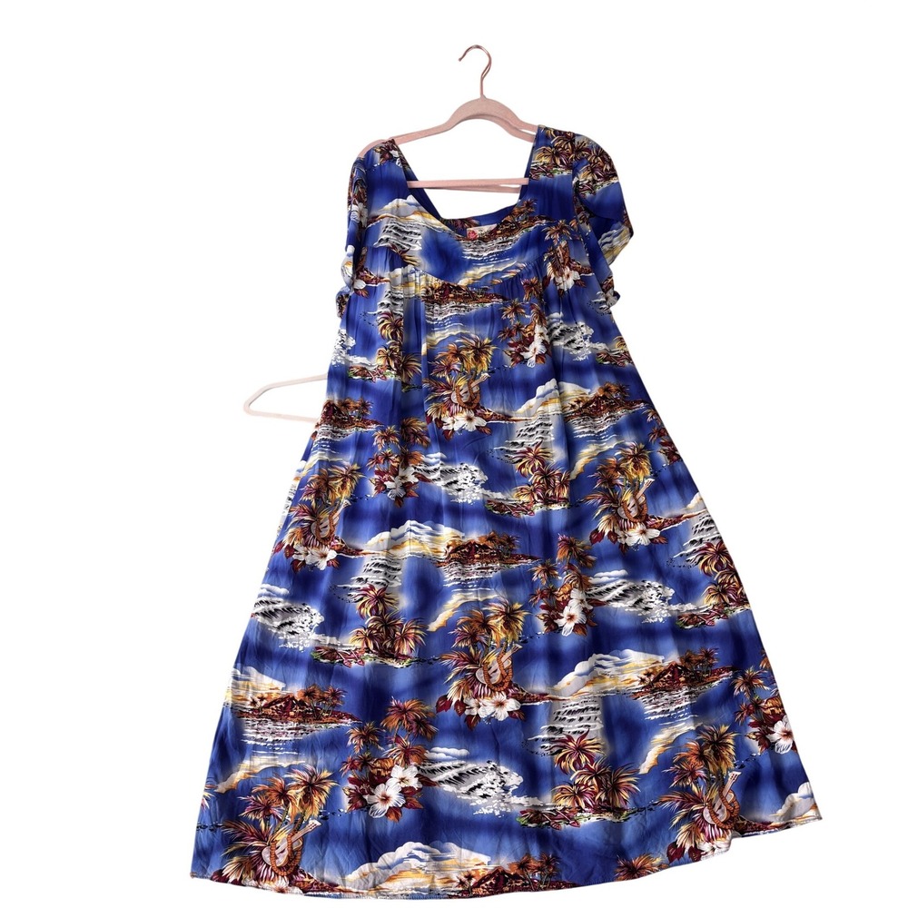 Hilo Hattie Muu Muu Dress Womens 2XL Blue Hawaiian Tropical Floral Rayon